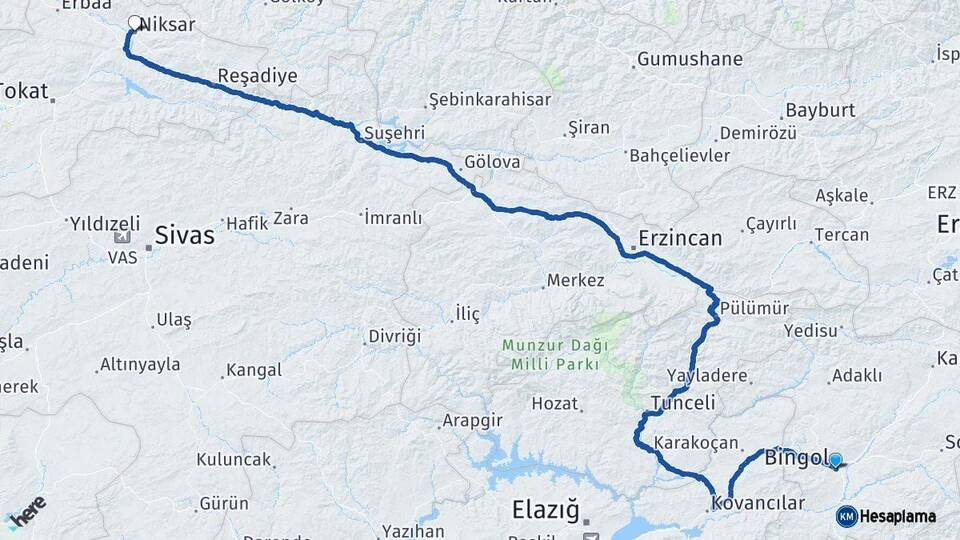 Bingöl Niksar Tokat Arası Kaç Km - Yol Haritası
