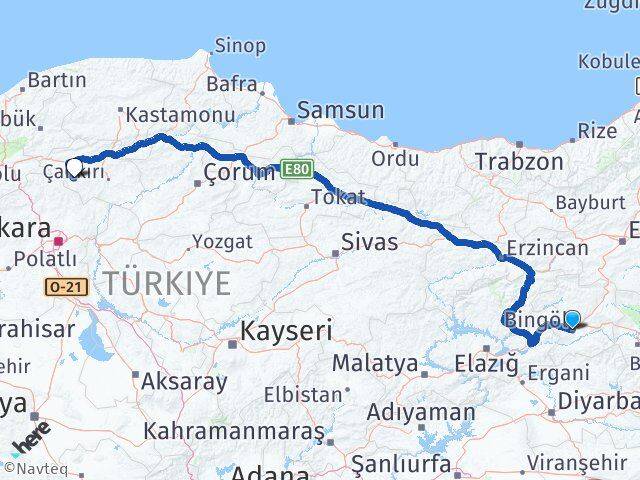 Bingöl Orta Çankırı Arası Kaç Km - Yol Haritası