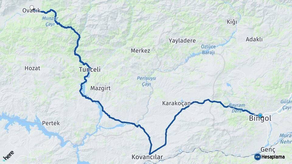 Bingöl Ovacık Tunceli Arası Kaç Km - Yol Haritası