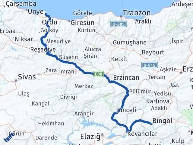 Bingöl Perşembe Ordu Arası Kaç Km - Yol Haritası
