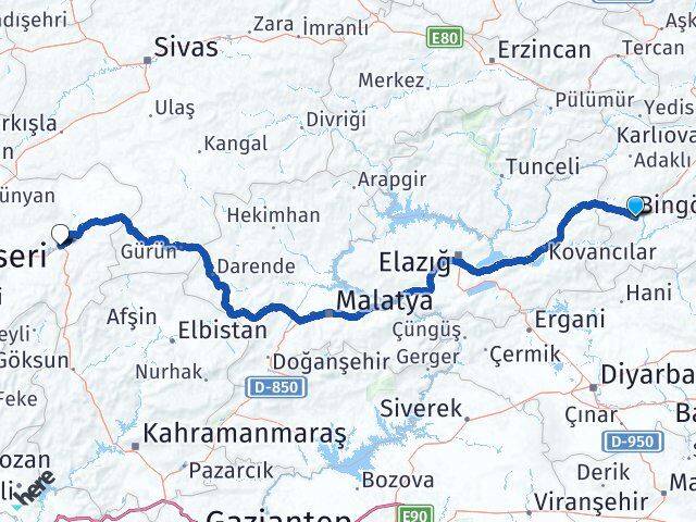 Bingöl Pınarbaşı Kayseri Arası Kaç Km - Yol Haritası