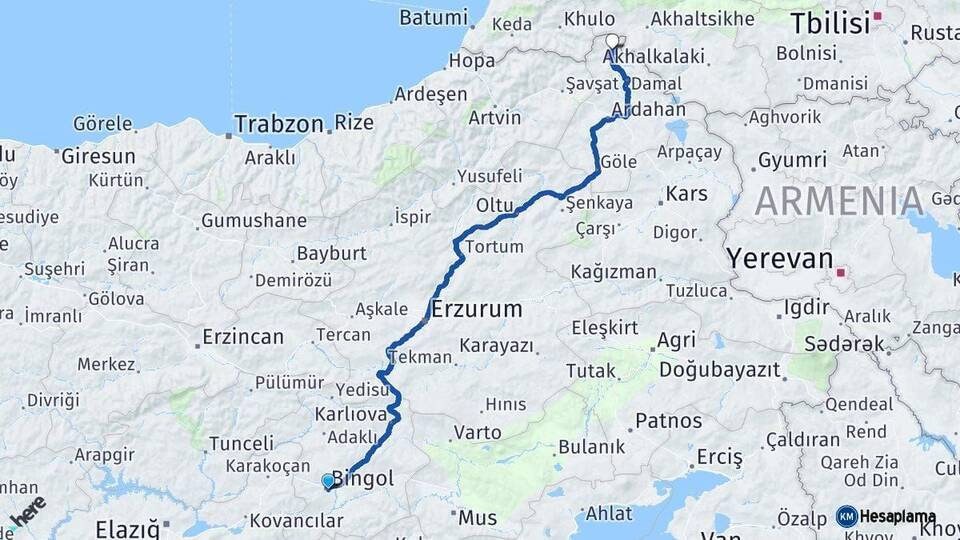 Bingöl Posof Ardahan Arası Kaç Km - Yol Haritası