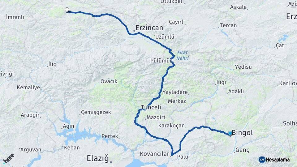 Bingöl Refahiye Erzincan Arası Kaç Km - Yol Haritası