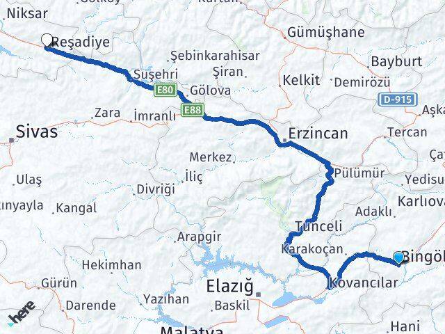 Bingöl Reşadiye Tokat Arası Kaç Km - Yol Haritası