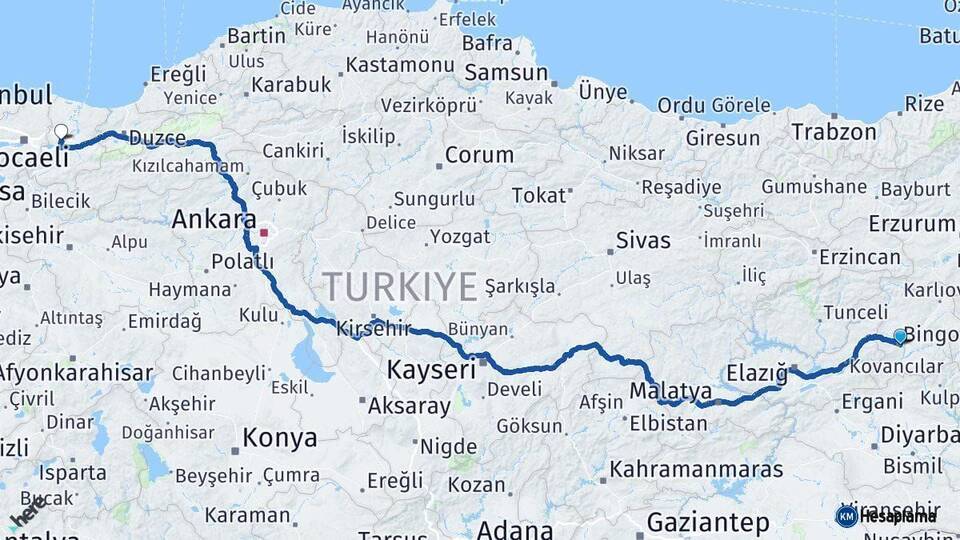 Bingöl Sakarya Arası Kaç Km - Yol Haritası