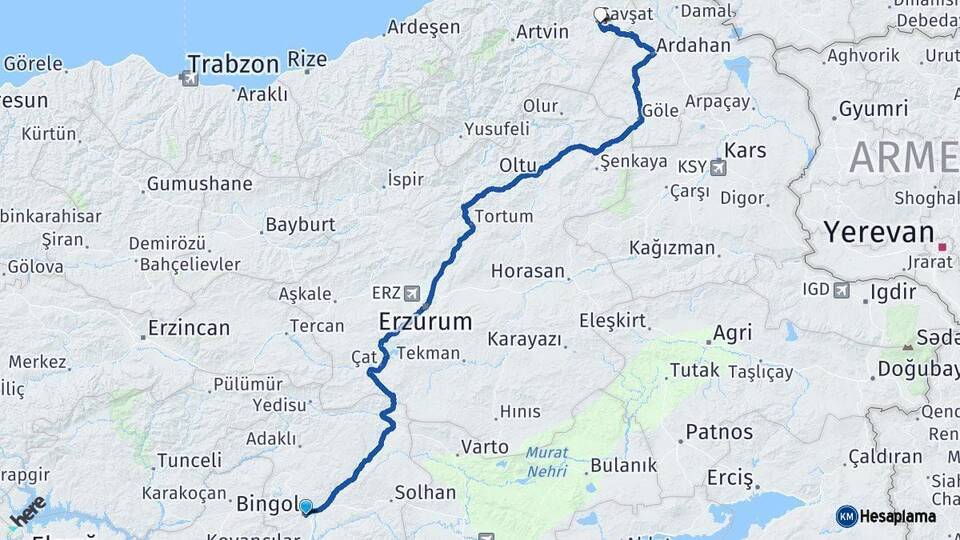 Bingöl Şavşat Artvin Arası Kaç Km - Yol Haritası