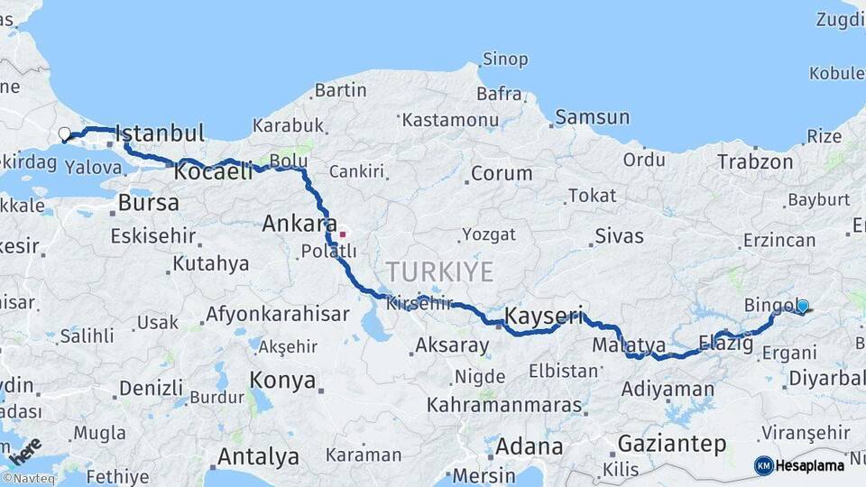 Bingöl Silivri İstanbul Arası Kaç Km - Yol Haritası