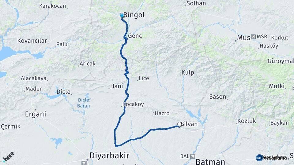 Bingöl Silvan Diyarbakır Arası Kaç Km - Yol Haritası