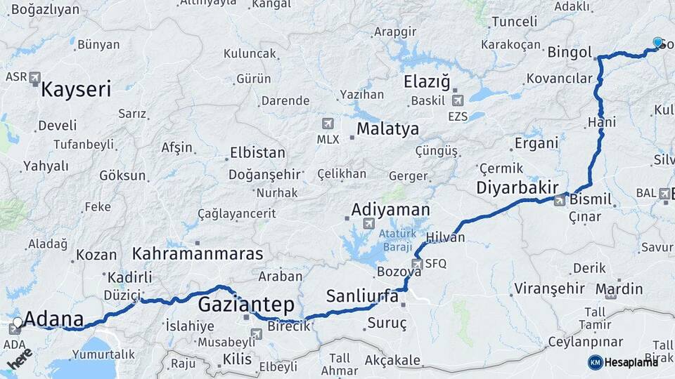 Bingöl Solhan Adana Arası Kaç Km - Yol Haritası