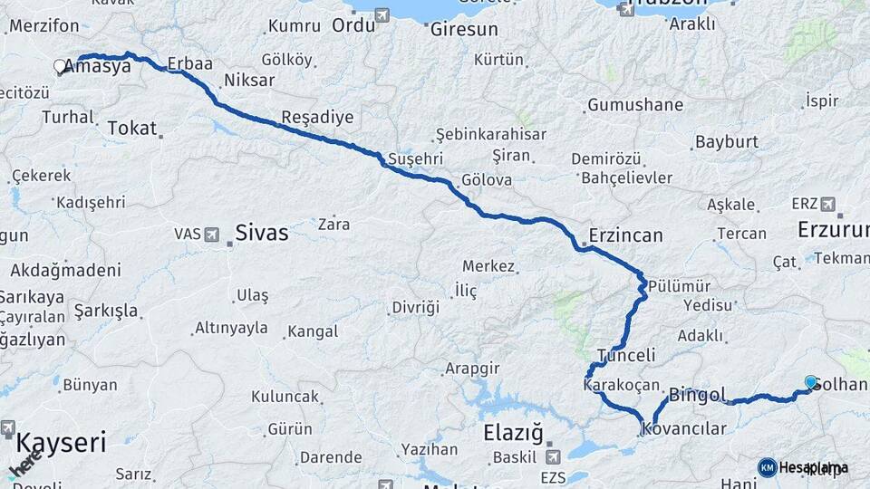 Bingöl Solhan Amasya Arası Kaç Km - Yol Haritası