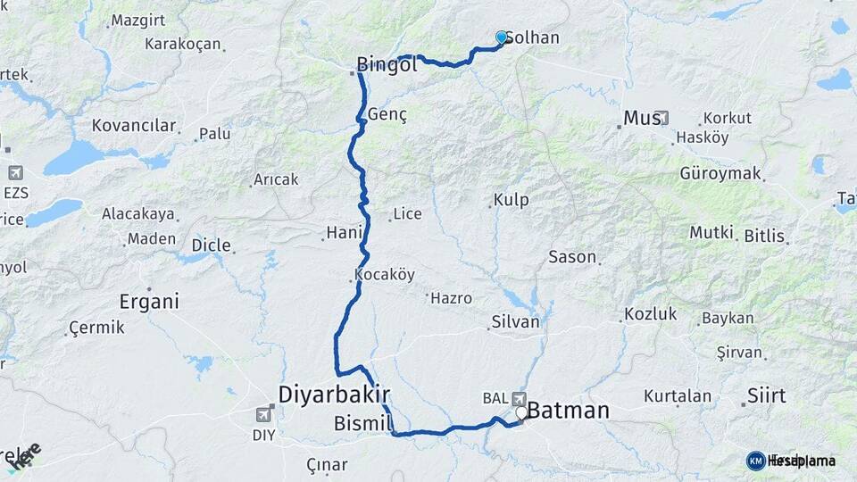 Bingöl Solhan Batman Arası Kaç Km - Yol Haritası