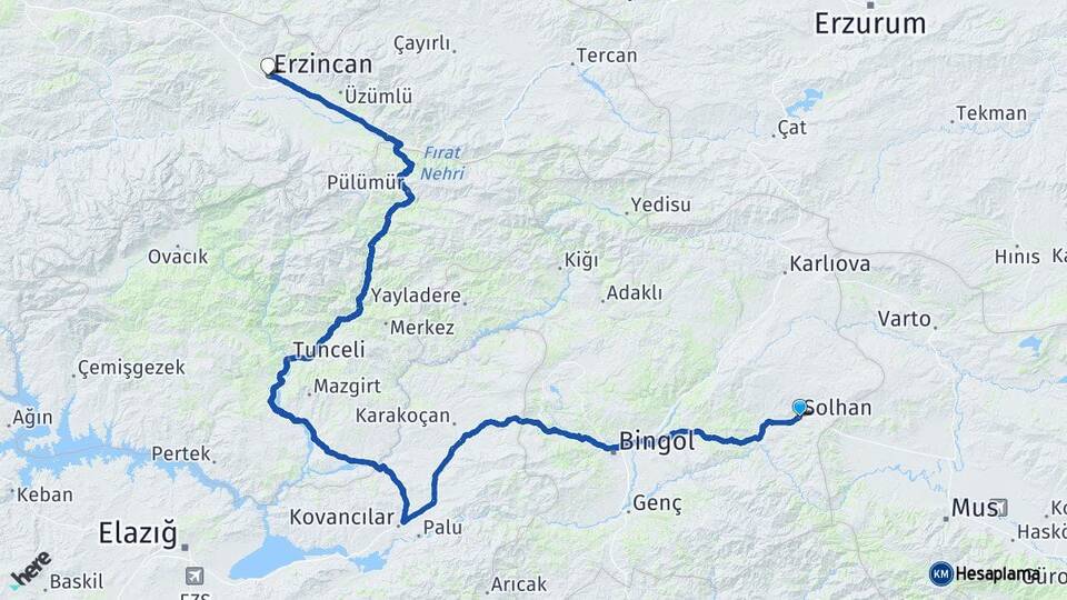 Bingöl Solhan Erzincan Arası Kaç Km - Yol Haritası