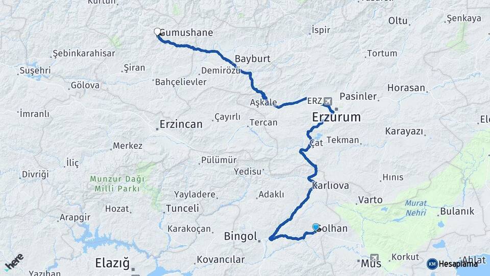 Bingöl Solhan Gümüşhane Arası Kaç Km - Yol Haritası
