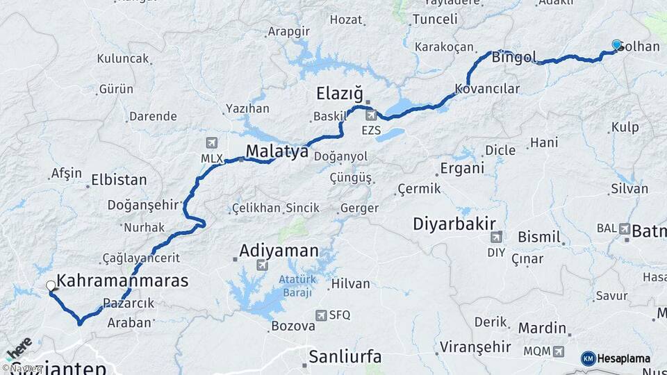 Bingöl Solhan Kahramanmaraş Arası Kaç Km - Yol Haritası