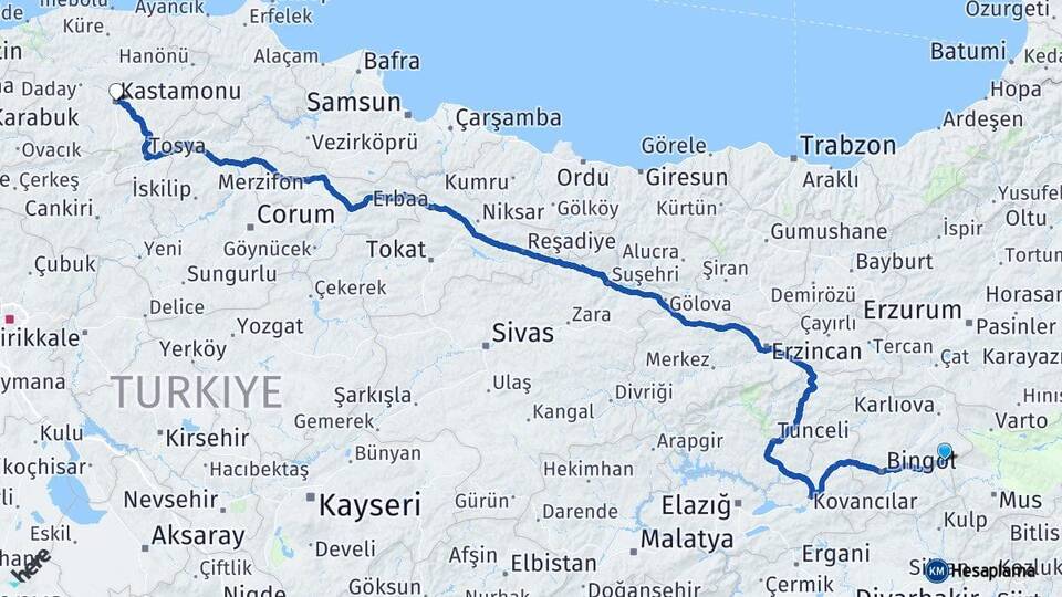 Bingöl Solhan Kastamonu Arası Kaç Km - Yol Haritası