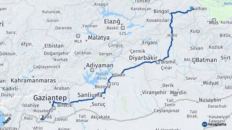 Bingöl Solhan Kilis Arası Kaç Km - Yol Haritası