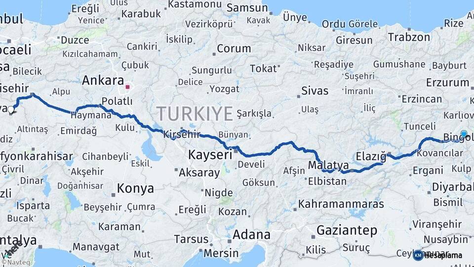 Bingöl Solhan Kütahya Arası Kaç Km - Yol Haritası