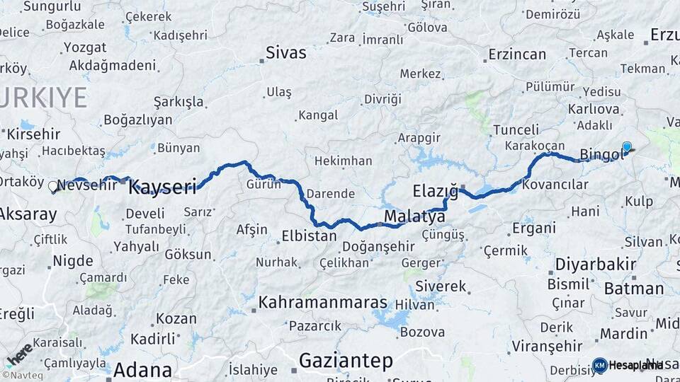 Bingöl Solhan Nevşehir Arası Kaç Km - Yol Haritası
