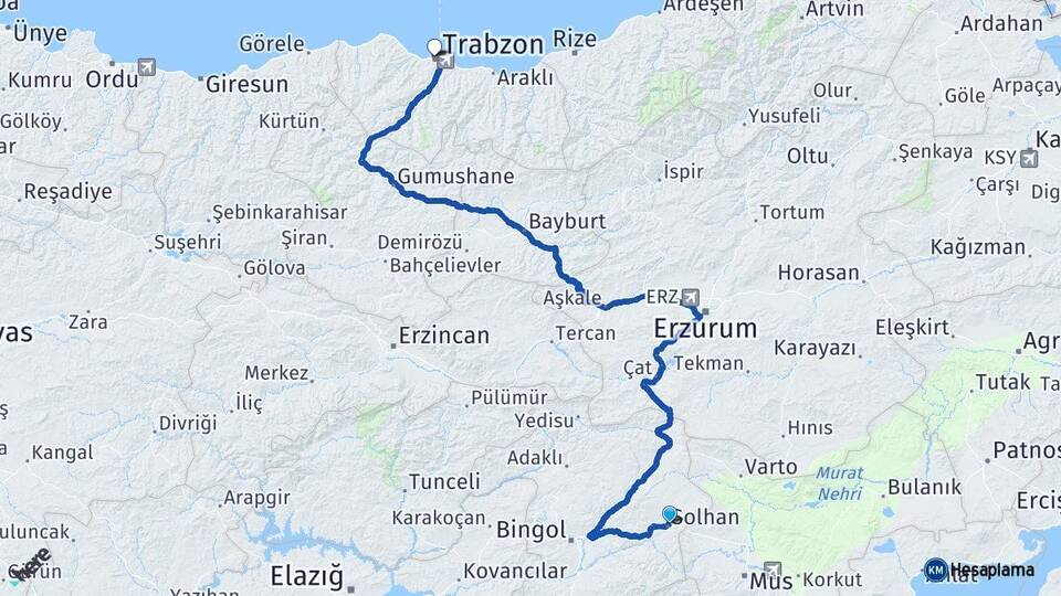 Bingöl Solhan Trabzon Arası Kaç Km - Yol Haritası