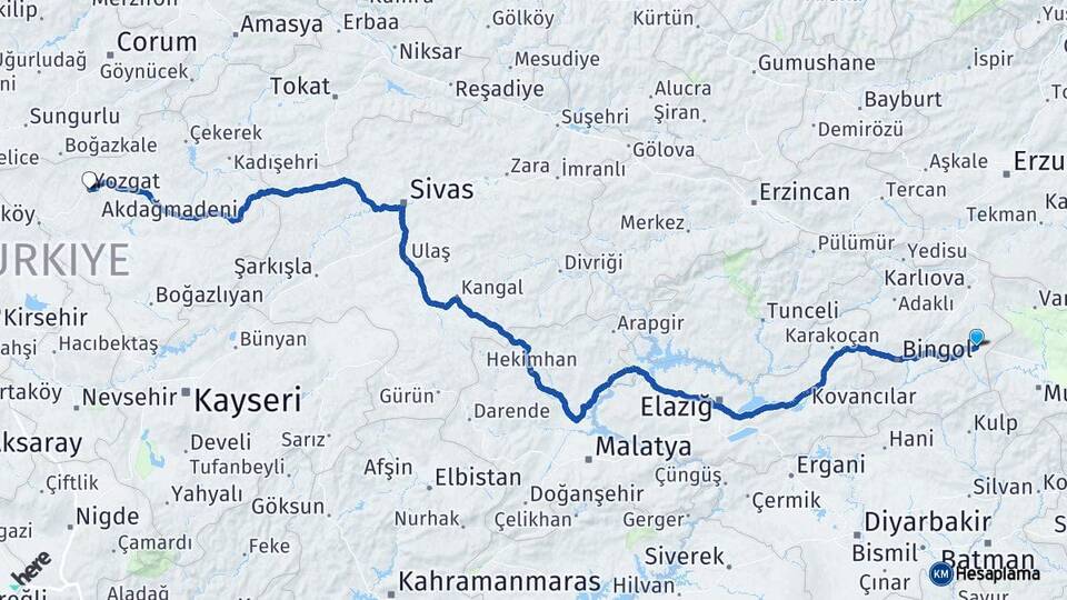 Bingöl Solhan Yozgat Arası Kaç Km - Yol Haritası