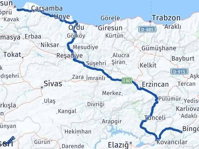 Bingöl Tekkeköy Samsun Arası Kaç Km - Yol Haritası
