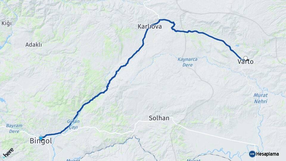 Bingöl Varto Muş Arası Kaç Km - Yol Haritası