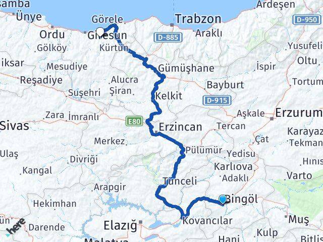 Bingöl Yağlıdere Giresun Arası Kaç Km - Yol Haritası