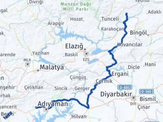 Bingöl Yayladere Adıyaman Arası Kaç Km - Yol Haritası