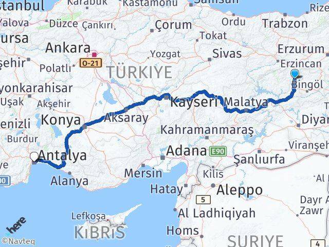 Bingöl Yayladere Antalya Arası Kaç Km - Yol Haritası