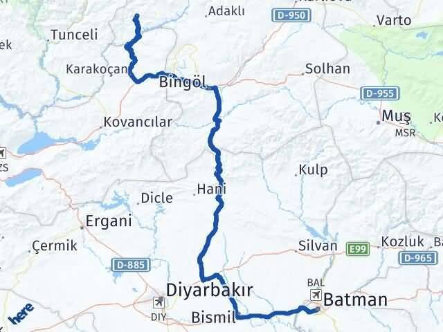 Bingöl Yayladere Batman Arası Kaç Km - Yol Haritası