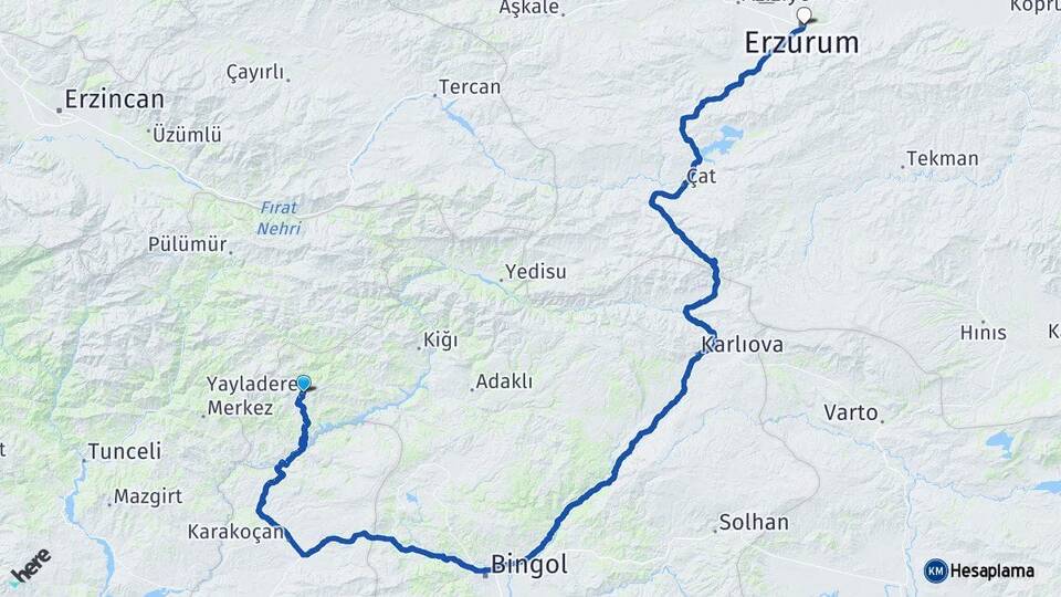 Bingöl Yayladere Erzurum Arası Kaç Km - Yol Haritası
