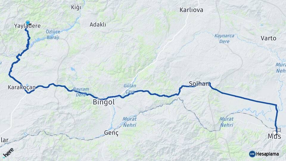 Bingöl Yayladere Muş Arası Kaç Km - Yol Haritası