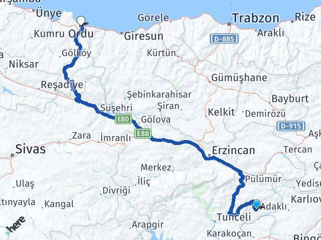 Bingöl Yayladere Ordu Arası Kaç Km - Yol Haritası