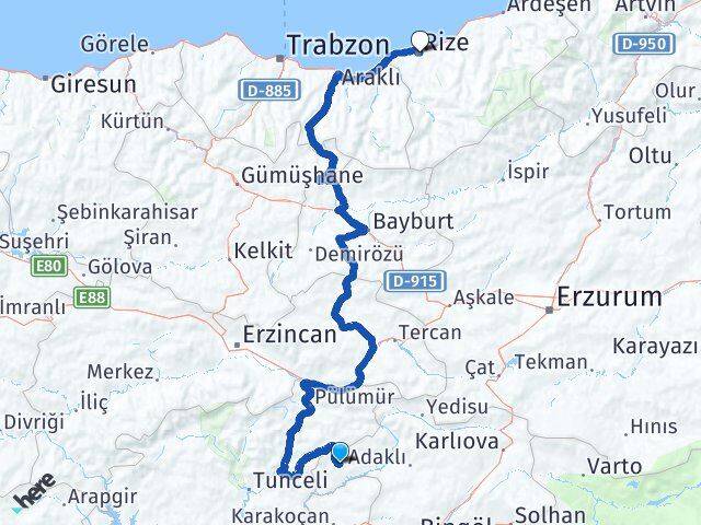 Bingöl Yayladere Rize Arası Kaç Km - Yol Haritası