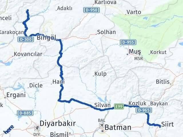 Bingöl Yayladere Siirt Arası Kaç Km - Yol Haritası