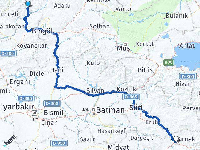 Bingöl Yayladere Şırnak Arası Kaç Km - Yol Haritası