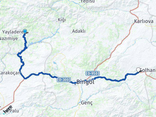 Bingöl Yayladere Solhan Arası Kaç Km - Yol Haritası