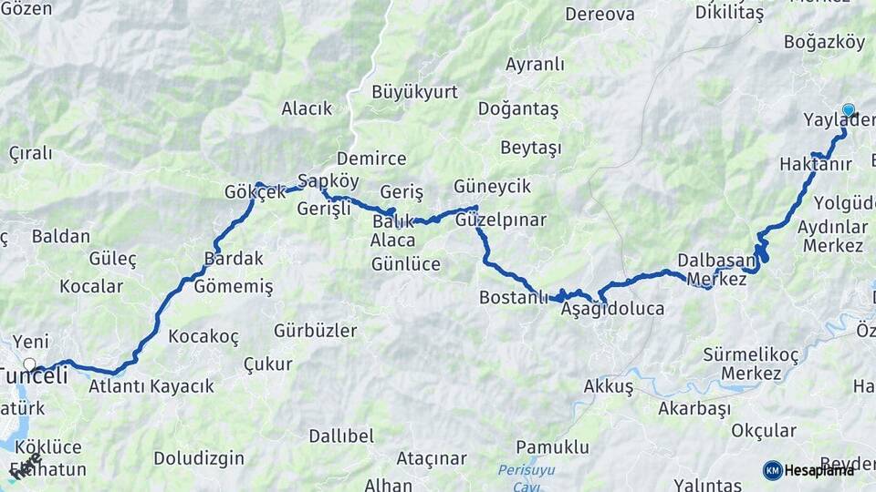 Bingöl Yayladere Tunceli Arası Kaç Km - Yol Haritası