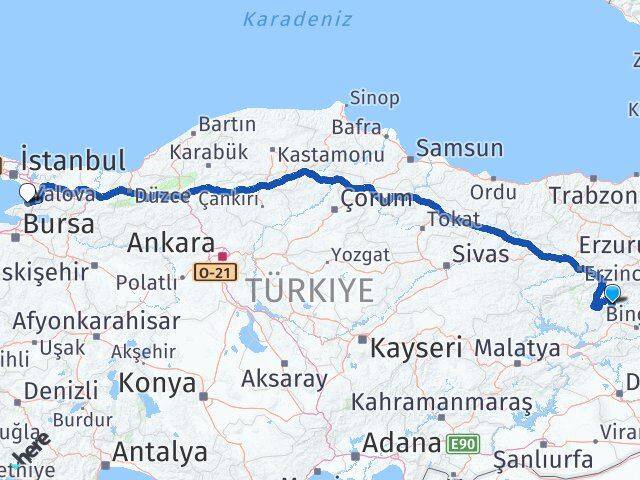 Bingöl Yayladere Yalova Arası Kaç Km - Yol Haritası