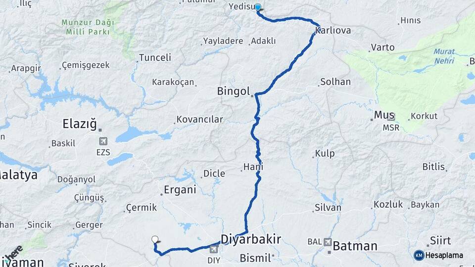 Bingöl Yedisu Akçoban Ergani Diyarbakır Arası Kaç Km - Yol Haritası