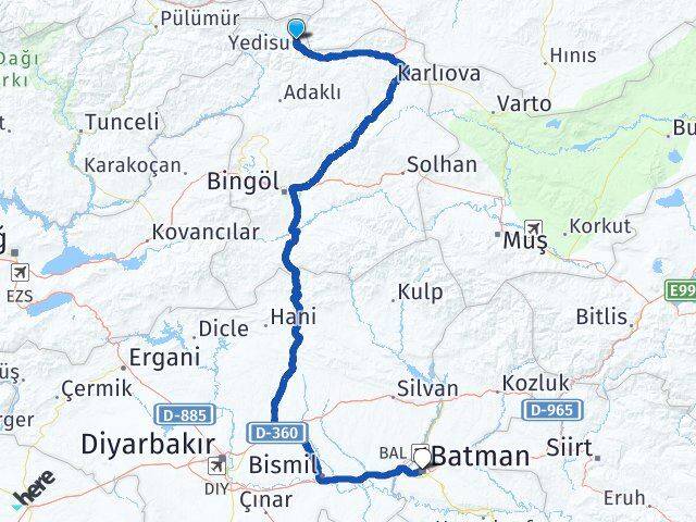Bingöl Yedisu Batman Arası Kaç Km - Yol Haritası