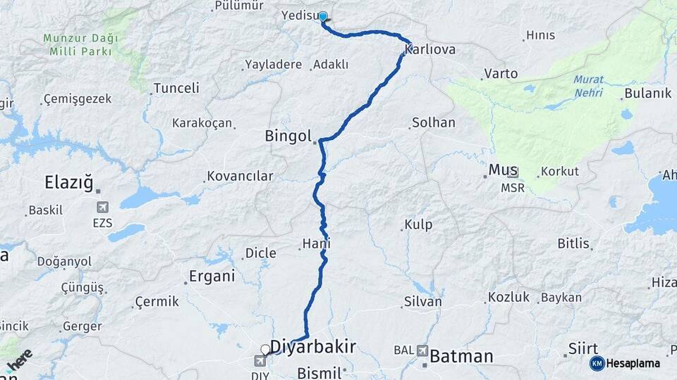 Bingöl Yedisu Diyarbakır Arası Kaç Km - Yol Haritası