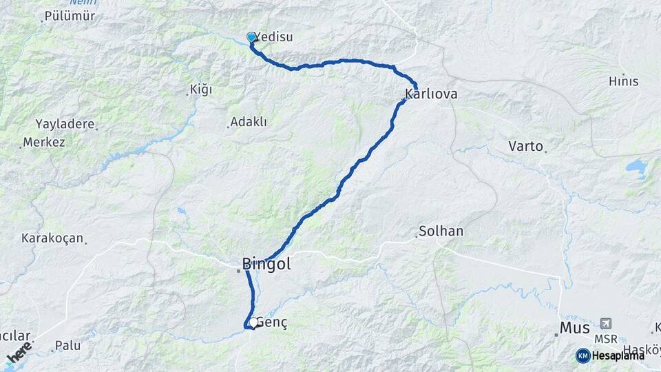 Bingöl Yedisu Genç Arası Kaç Km - Yol Haritası