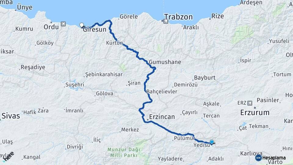 Bingöl Yedisu Giresun Arası Kaç Km - Yol Haritası