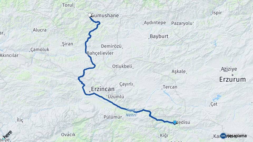Bingöl Yedisu Gümüşhane Arası Kaç Km - Yol Haritası