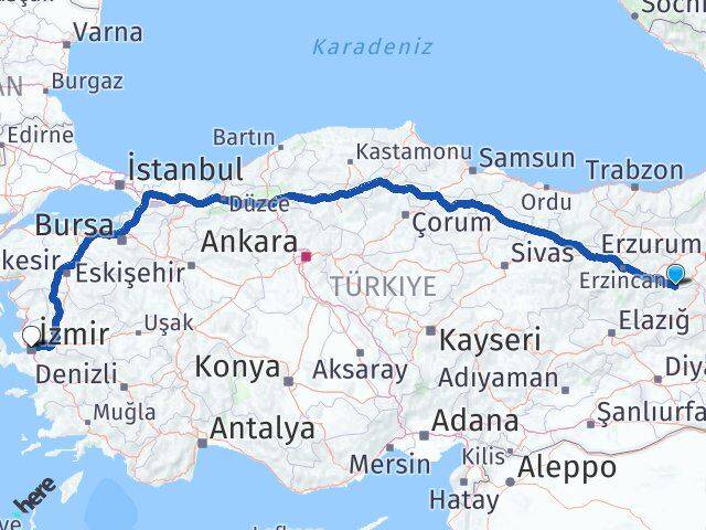 Bingöl Yedisu İzmir Arası Kaç Km - Yol Haritası