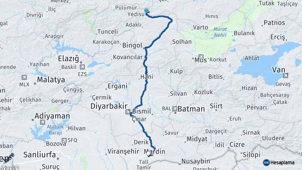 Bingöl Yedisu Kızıltepe Mardin Arası Kaç Km - Yol Haritası
