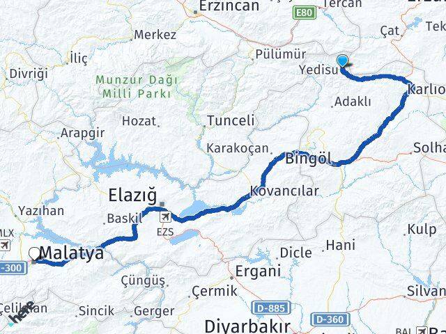 Bingöl Yedisu Malatya Arası Kaç Km - Yol Haritası