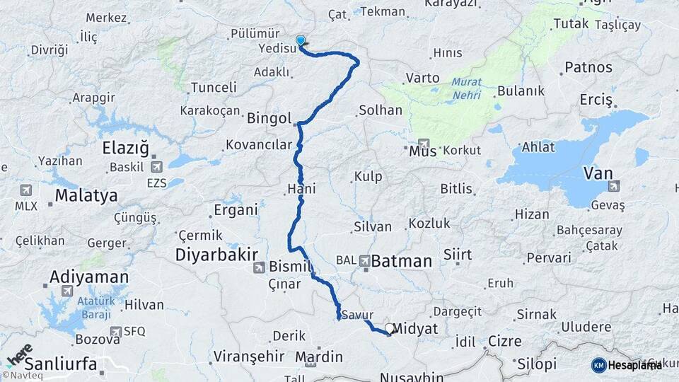 Bingöl Yedisu Midyat Mardin Arası Kaç Km - Yol Haritası