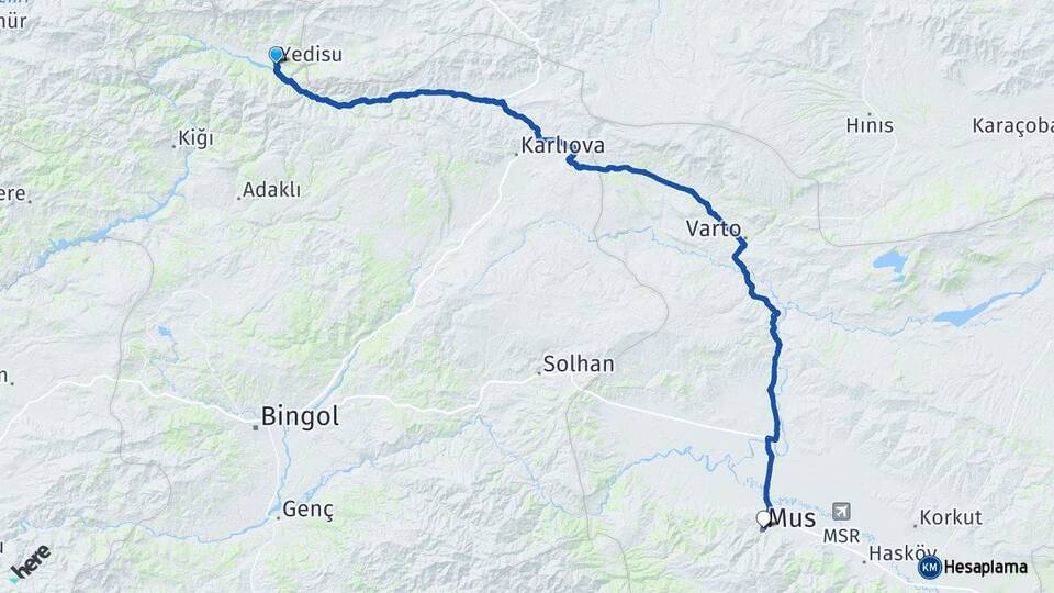 Bingöl Yedisu Muş Arası Kaç Km - Yol Haritası